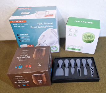 (1) Set Of (4), Finedine l2Oz Insulated Wine Tumblers, (1) Cheese Knife Set. (1) Oria, Filtered Water Pitcher & (1) Ice Cube Tray Set