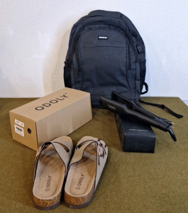 (1) KROSIAS, Laptop Backpack, (1) Pair Of Women's, ODOLY, Cork Sandals Size 9 & (1) TUOMPRO Flat Iron Hair Straightener