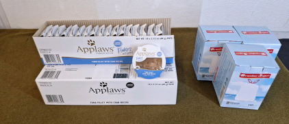 (3) 18 Count Boxes Of Applaws Cat Food, Tuna Fillet W/Crab & (3) 100 Count Boxes Of 4-Gallon Drawstring Trash Bags