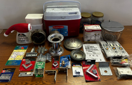 Rubbermaid Cooler, Vintage Clocks, Assorted Braces, Hinges, And More