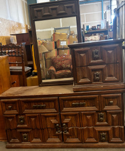 Dark Brown Wooden Dresser With Matching Night Stand And Mirror