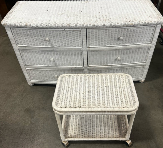 White Wickered Dresser, And Rolly Chair With Storage Under It