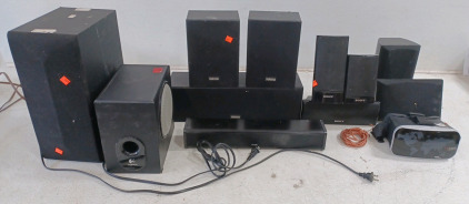 (1) Yamaha Speaker System - NS-AP100 (1) Sony Speaker System - SS-CT91 & SS-TS94 (1) Optimus Center & Front Speaker (1) VR Park VR Sunglasses (1) LG Subwoofer - Model # SPH- 48W (1) Logitech X-230 Subwoofer (1) ZVOX Soundbar