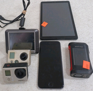 (1) iPhone 6 - Model # A1549 (1) TCL Tablet (1) Aegis Vape Mod (1) GoPro Hero2 (1) GoPro Hero3 (1) Garmin Nuvi - Still Works