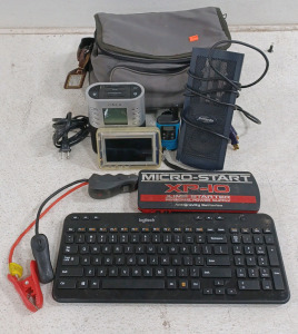 (1) Micro-Start XP-10 Jumpstarter (1) Logitech Keyboard (1) JP5mini (1) TimeX Digital Alarm Clock (1) Monsoon Speaker - USB Powered (1) Lunch Bag