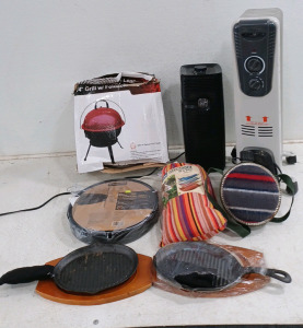 (1) 14" Grill w/ Foldable Legs (1) Holmes AER Filter Series (1) Corded Electric Heater on Wheels (2) Fajita Cast Iron Griddle w/ Tray (1) Coleman Canteen (1) Hammock in a Bag (1) Multi Use Charcoal Grill