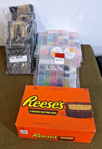 (1) 36-Count Box Of Reese's 2-Piece Peanut Butter Cups, (75) Black, Craft Paper Bags & (12) Containers Of Assorted Beads