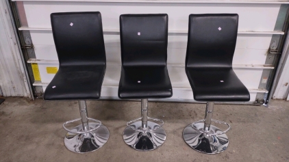 (3) (Black) Leather Bar Stool Chairs w/ Adjustable Height