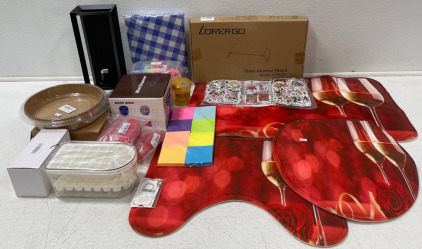 Bathroom Mats, Glass Moniter Stand, (400+) Stickers, Pair Light Sconces, Party Favors, Wine Dispenser Plus More