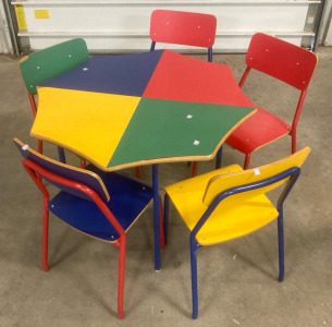 (1) Elemetary School Table 38&rdquo;x38&rdquo;x27&rdquo; (5) Elementary School Chairs 30&rdquo;x15&rdquo;x15&rdquo;