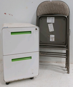 (1) Filing Cabinet w/ Key on Wheels (3) Folding Chairs