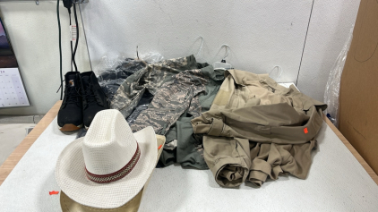 (2) XXL Combat Shirts Green (1) XXXL Combat Shirt Tan (1) Car hart Size 13 Steel Toed Boots