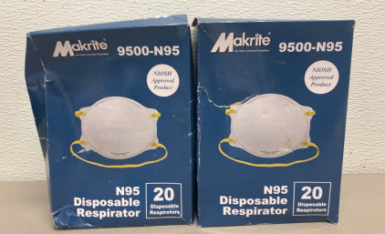 (2) Boxes of 20x Makrite 9500-N95 Disposable Respirators