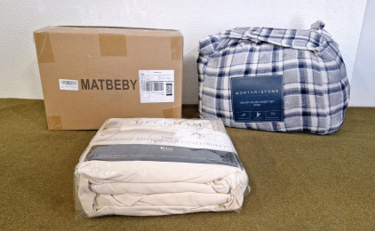 (1) Matbeby, Quilted Mattress Protector, King, (1) 2-Pack MIcrofiber Fitted Sheets, King & (1) Mortar & Stone Velvet Plush Sheet Set, King