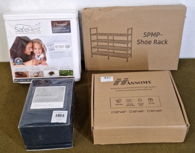 (1) Premium Mattress Encashment, Queen, (1) Danjor Linens, 6-Piece Sheet Set, Queen, (1) Asnomy Fleece Blanket, 60" x 80" & (1) Shoe Rack