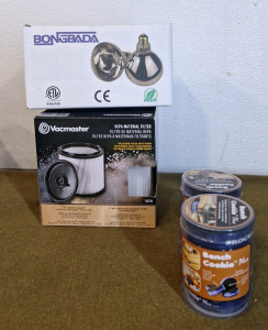 (1) Vacmaster Shop Vac Filter, (1) 2-Pack Of Bongbada Heat LAMPS, Clear & (2) 4-Packs Of Bench Cookies