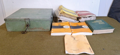 (1) 2-Handled, Lockable Metal Box, 18"L x 18"W x 6"D & Assorted Industrial Equipment Parts & Operator Manuals