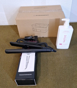 (1) Flat Iron Hair Straightener. (1) Bathroom Organizer Tray & (1) 16.5 FL. OZ. Bottle Of NATIVE 2-In-1 Shampoo/Conditioner, Vanilla & Cactus Flower