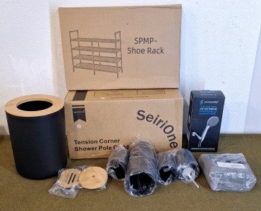 (1) Bamboo, Bathroom Accessory Kit, (1) Tension, Corner Shower Pole Caddy, (1) Shoe Rack, (1) 4-Peice Washcloth Set & (1) Handheld Shower Head