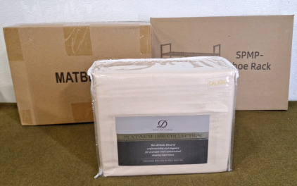 (1) Danjour Linens Platinum 1800 Collection 6 Piece Luxury Sheet Set, California King, (1) Matbeby, Padded Mattress Protector, California King & (1) Shoe Rack