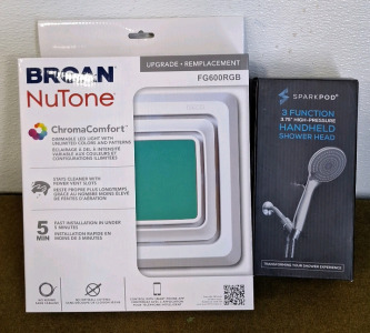(1) BROAN, Upgrade Bath Fan Cover W/LED Light & (1) 3-Function Handheld Shower Head