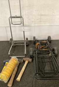 (3) FOLDING LUGGAGE CARTS, (3) DRILLING HAMMERS, & RECOIL AIR HOSE