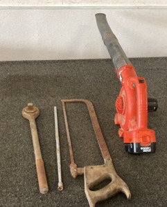 BLACK & DECKER CORDLESS BLOWER, VINTAGE HAND SAW, & LARGE WRENCH