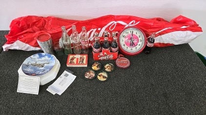 (1) Set of 4 Coca Cola Tin Coasters from 1983 (1) Set of Coca Cola Playing Cards from 1994 (1) 6-Pack of Coca Cola Classic Bottles of Soda from 1998 and so Much More Memorabilia