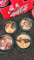 (1) Set of 4 Coca Cola Tin Coasters from 1983 (1) Set of Coca Cola Playing Cards from 1994 (1) 6-Pack of Coca Cola Classic Bottles of Soda from 1998 and so Much More Memorabilia - 4