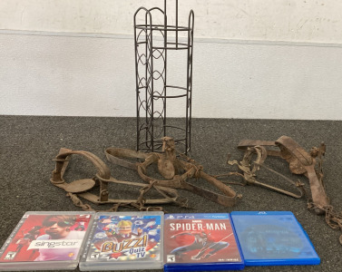 FREE STANDING TOILET PAPER HOLDER, (4) VINTAGE SMALL STEEL TRAPS, (3) PS3 GAMES, (1) PS4 GAME.