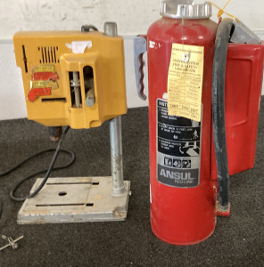 VARIABLE SPEED DRILL PRESS, ANSUL RED LINE ABC DRY CHEM. EXTINGUISHER.