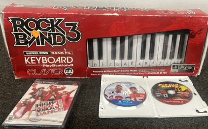 ROCKBAND 3 WIRELESS KEYBOARD, HIGH SCHOOL MUSICAL 3 DANCE FOR PS2, PAC-MAN WORLD 2 PS2, MADDEN 22 PS4.