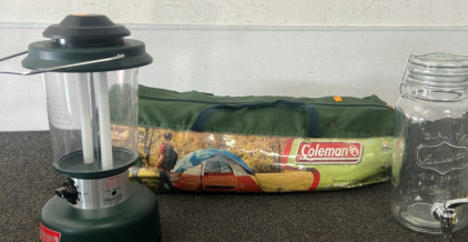 COLEMAN 4 PERSON TENT, COLEMAN ELECTRIC LANTERN, QUALITY GLASSWARE DRINK DISPENSER.