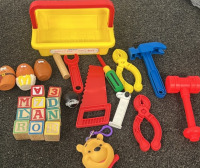 SHELCORE TODDLER HAND TOOL TOYS, (3) MCDONALDS CHICKEN NUGGET TOYS, SUPERBALL, 11 WOOD BLOCK TOYS, WINNIE THE POOH CLIP ON KEY CHAIN. PLEASE INSPECT.