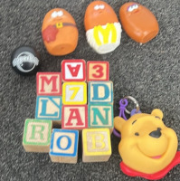 SHELCORE TODDLER HAND TOOL TOYS, (3) MCDONALDS CHICKEN NUGGET TOYS, SUPERBALL, 11 WOOD BLOCK TOYS, WINNIE THE POOH CLIP ON KEY CHAIN. PLEASE INSPECT. - 4