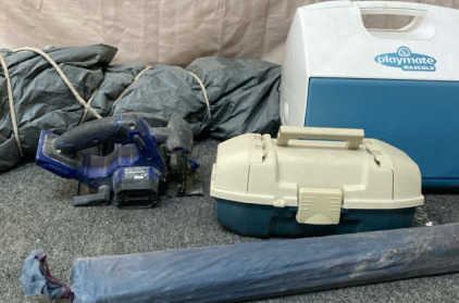 Tent, Kobalt Hand Sander, Playmate Cooler, & Tackle Box