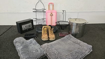 (1) Set of 2 Bathroom Floor Mats (1) Pair of Coleman Boots Size 10 Mens (1) Pot (1) Fruit Basket (1) Food Saver Vacuum Sealer (2) Clutches (1) Bracelet (1) Toy Princess Suitcase (1) Shower Caddy (1) Small Safe