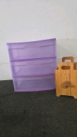 (1) Medium Size 3-Drawer Purple Plastic Dresser (1) Wooden Magazine Holder