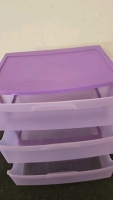 (1) Medium Size 3-Drawer Purple Plastic Dresser (1) Wooden Magazine Holder - 6