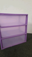 (1) Medium Size 3-Drawer Purple Plastic Dresser (1) Wooden Magazine Holder - 10