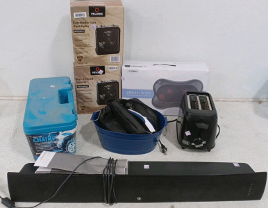 (1) Boston TVee Soundbar - Model 25 (1) Tire Chains - Truck & SUV (2) Fan Forced Heater (1) Shiatsu Massage Pillow w/ Heat - ZMA-13 (1) B&D Toaster (2) Electric Buzzer