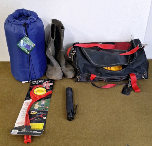 (1) Oversized Sleeping Bag, (1) Pair Wader Boots, Size 12 & More