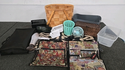 (8) Bins and Baskets (1) Revlon Hair Dryer (1) Alarm Clock Radio (1) Mini Desk Fan (1) Table Cloth (2) Bags