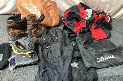 CASTLE X RACEWEAR COVERALLS SIZE XL, CASTLE X RACEWEAR JACKET SIZE XXL, BROWN TARP, SIZE 8 INSULATED GUIDE GEAR BOOTS, AND MORE.