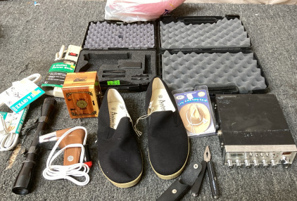 COBRA 29LTD CLASSIC CB TRANSCEIVER, 2 HANDGUN CASES, 12 VOLT HAIR DRYER, SIZE 10.5 ANCHOR BAY SLIP ON SHOES. YORKCRAFT MULTI TOOL, AND MORE.