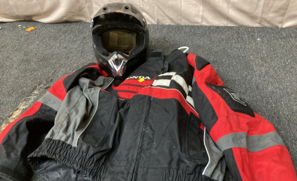 HINDA RACING JACKET SIZE XXL, SIZE LARGE MOTORCYCLE HELMET.