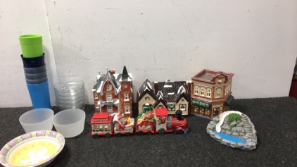Snow village buildings and handpainted train ceramic set and more