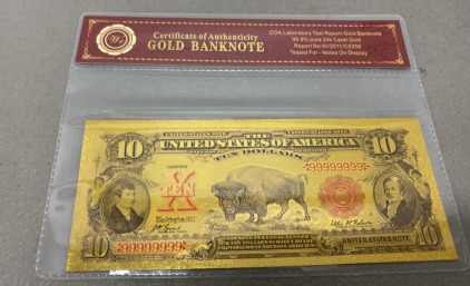 $10 Certified Gold Banknote 99.9% Pure 24k Carat Gold W/ COA