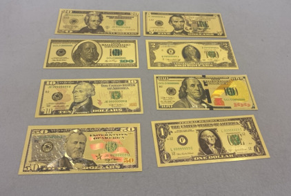 (8) Gold Flaked Banknotes Ranging from $1 Bills to $100 Bills