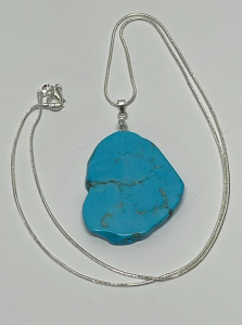 86.05ct. Turquoise Freeform Slice Gemstone Pendant W/ Silver .925 Necklace